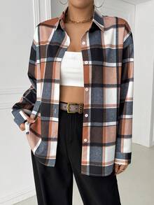 女士格子图案翻领纽扣长袖休闲通勤衬衫 - 彩色 - 查看 6