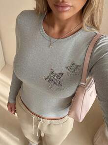 High Stretch,Slim Fit&Regular-Length,Women's Round Neck Long Sleeve Pullovers T-Shirt For Spring Summer,Clean Fit,Star&Leopard&Slogan Print,Holiday/School/Home/Daily/Street/Photoshoot/Dating/Party - Grey - View 2