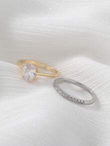 Nooxian 2pcs/Set Luxury Gold Zirconia Diamond Element Wedding Rings, Engagement Rings For Brides & Bridesmaids (No Gift Box) - Multicolor - View 4