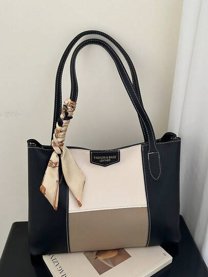1pc Black Winter New Scarf Decor Large Capacity Contrast Color PU Patchwork Tote Bag Women Shoulder Bag