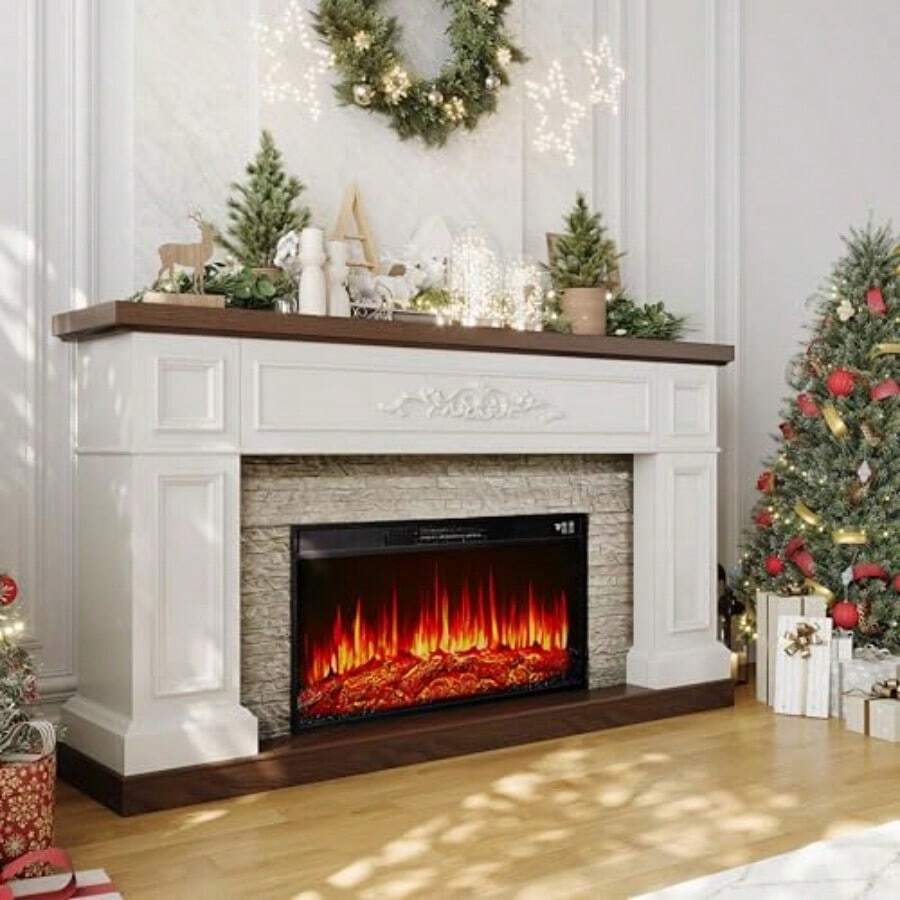 60" Fireplace With Mantel Solid Wood White TV Stand With Fireplace For Modern Entertainment Center TV Stand Replaceable 30" Fireplace Insert Heater For Living Room Bedroom - 60 Inch Red Brick - View 1