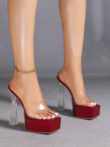 时尚汽车模特酒店夜总会T台派对男女通用性感高跟鞋，透明水晶鞋，适合T台走秀、钢管舞、粗跟婚礼凉鞋 - 紅色 - 查看 1