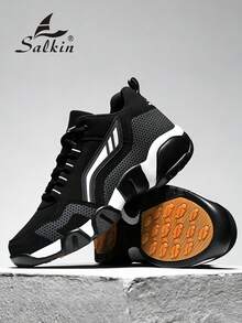 Salkin New Men's Sports Shoes Basketball Training Shoes, Affordable Brand-Like Lace-Up, Suede-Like Soft & Comfortable Breathable Uppers, Shock-Absorbing Bounce-Back Non-Slip Rubber Outsole, Casual Sneakers For Running, Walking, Outdoor Wear, Suitable For All Seasons And Holidays. Note: Runs Large, Suggest Ordering One Size Down, Great For Casual Jeans Sports Style. - Black and White - View 6
