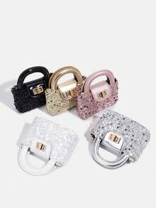 1件装女童新款时尚亮片优雅手提包，高端单肩斜挎包，扭锁装饰五金顶部提手系列，链条肩带包，母女同款包包，钱包，可调节肩带单肩包，适合日常、派对、旅行，理想礼物 - 大小號手提包 - 查看 3