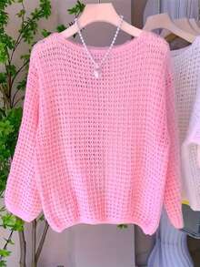 Loose Knit Sheer Cover Up, Women's Oversized Boat Neck Long Sleeve Lightweight Hollow Out Knit Cover Up For Spring/Summer Vacation - Pink - View 2