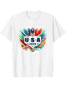 USA 2026 Soccer Team T-Shirt |   Officially Inspired Black & White Flag & Stars Print With 2028-Like Logo Design, Short Sleeve, Casual Fan Apparel, Crew Neck, Regular Fit, Machine Washable - White - View 2