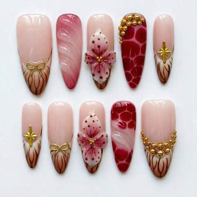 10 PCS Vintage Handmade Long Almond Press On Nails, Y2K Brown Airbrush & 3D Flower With Gold Bow Ribbon, Removable Reusable Nail Set (Jelly Glue & Nail File Incl.)