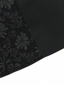 Women's Elegant Minimalist Black Jacquard Patchwork Fabric Round Neck Short Sleeve Midi Dress, Spring/Summer - Black - View 8
