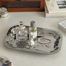 1pc Vintage Silver-Plated Rectangular Jewelry Tray, Stainless Steel Fruit/Food Serving Platter: Ideal For Holding Jewelry, Cosmetics Or Small Desserts - Suitable For Desktop Organization, Great Gift For Women Back To School, Jewelry Tray Storage , Makeup Room Decor,Room Decor - Silver - View 1