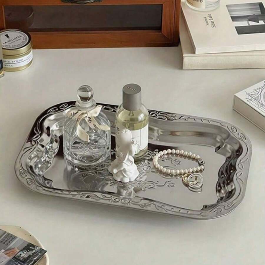 1pc Vintage Silver-Plated Rectangular Jewelry Tray, Stainless Steel Fruit/Food Serving Platter: Ideal For Holding Jewelry, Cosmetics Or Small Desserts - Suitable For Desktop Organization, Great Gift For Women Back To School, Jewelry Tray Storage , Makeup Room Decor,Room Decor - Silver - View 1