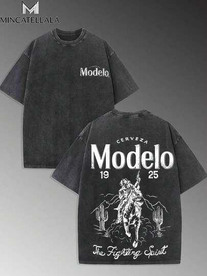 Modelo The Fighting Spirit Cowboy,Pure Cotton Washed T-Shirt, Men's T-Shirt, Men's Clothing, High-Quality Premium Cotton, Suitable For Everyday Casual Wear, Holiday Wear, Unisex