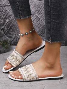 少女软底时尚凉鞋，休闲沙滩度假平底拖鞋，夏季 - 白色 - 查看 3