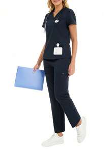 cimmuovere Uniform Set: V-Neck Short Sleeve Fitted Shirt And Drawstring Straight Leg Casual Pants, Workwear Set - Navy Blue - View 9