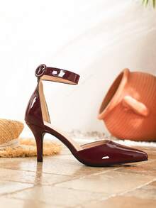 Tacones altos de color borgoña para mujer, zapatos de tacón ancho, adecuados para primavera/verano, fiestas, reuniones, exteriores, zapatos con tira delgada y sexy, calados para ir al trabajo - Burdeos - Ver 6