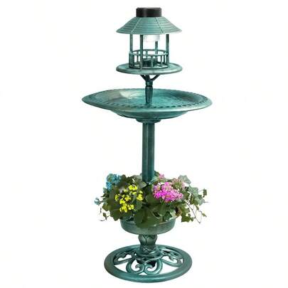 Bird Bath And Feeder Station, 3 In 1 Weatherproof Bird Feeding Table With Solar Powered Light, Flower Planter And Fillable Stand, Freestanding Birdbaths For Outdoor Hotel Garden