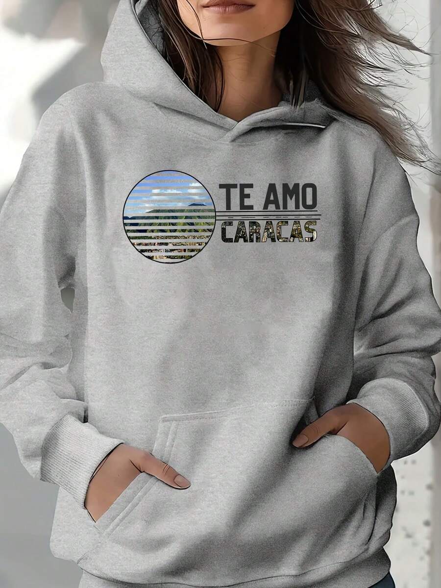 Unisex Printed Hoodie With Circular Flag Design And Te Amo Caracas Text Suitable For Daily Wear Perfect Gift For Friends Ideal For Casual Outings And City Adventures - Xám - Xem 1