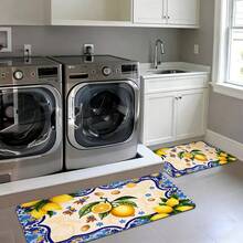 Lemon Orange Slice Pattern Kitchen Mat With Blue Star Border - Yellow Green Floral Spice Decor, Non-Slip For Tiled Floor, Fresh Vibrant Design For Home Countertop, Cabinet & Dining Area Mat - 白色 - 查看 6