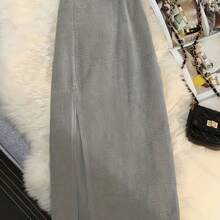 New Autumn And Winter Women'S Vintage Corduroy Split Midi Skirt, Elegant Long High-Waisted A-Line Skirt, Comfortable And Versatile For Casual Outings. - 灰色 - 查看 2