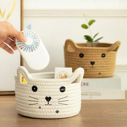 1 pieza Cesta de almacenamiento con asa con forma de gato adorable - Cesta de cuerda de algodón plegable, cesta de ropa, organizador de escritorio y decoración del hogar, cesta de almacenamiento de cuerda de algodón, organizador de escritorio de hilo de algodón para maquillaje y juguetes, cesta organizadora con forma de gato colorida, cesta de almacenamiento de llaves y libros