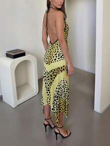 Leopard Print Backless Fitted Camisole Dress, Summer - Yellow - View 2