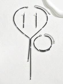 1 Set Perhiasan Pesta Mewah dengan Rumbai Zirkonia: Anting-anting + Kalung + Gelang - Hitam - View 4