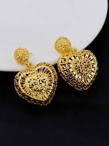 3pcs 24K Gold-Plated Middle Eastern Fashion Style Heart Shaped Jewelry Set, Necklace & Earrings, Luxcy & Retro, Ideal For Women's Daily Wear, Vacation, New Year, Valentine's Day, Eid Al-Fitr , Galas, Weddings, Banquet - Gold - View 3