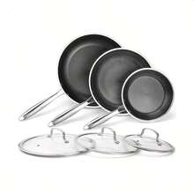 TIROTO 304 Stainless Steel 6pcs Frying Pan Set, 7.87/9.4/11 Inch Non-Stick Pan With Lid, Honeycomb Design, Home Cooking Pan, Induction Cooker, Electric Ceramic Stove And Kitchenware - Six piece set with lid - 查看 1
