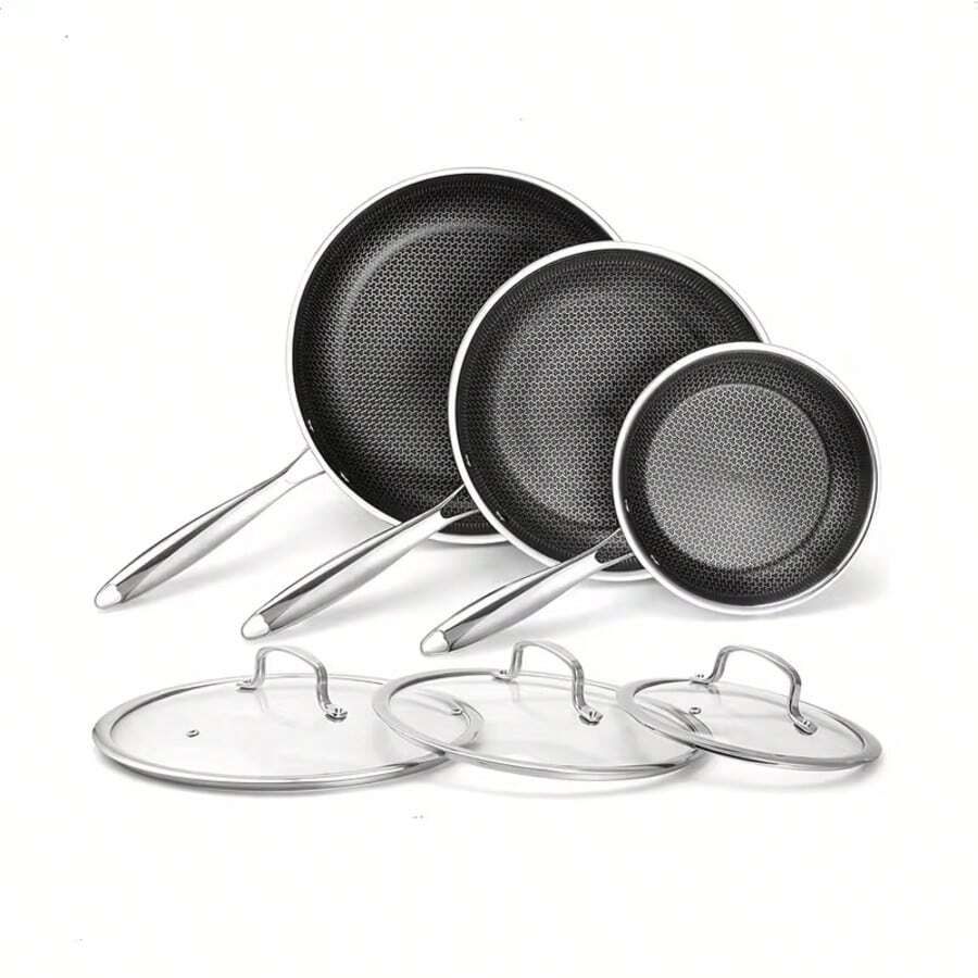 TIROTO 304 Stainless Steel 6pcs Frying Pan Set, 7.87/9.4/11 Inch Non-Stick Pan With Lid, Honeycomb Design, Home Cooking Pan, Induction Cooker, Electric Ceramic Stove And Kitchenware - Six piece set with lid - 查看 1