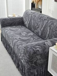 1pc Gray Ruffled Stretch Sofa Cover, Modern Printed Pattern Ruffled Sofa Slipcover, Dust-Proof And Dirt-Resistant Home Protective Sofa Cover, Suitable For Living Room, Bedroom, Home, Apartment, Hotel, All Seasons - Dark Grey - View 6