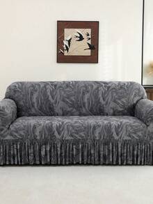 1pc Gray Ruffled Stretch Sofa Cover, Modern Printed Pattern Ruffled Sofa Slipcover, Dust-Proof And Dirt-Resistant Home Protective Sofa Cover, Suitable For Living Room, Bedroom, Home, Apartment, Hotel, All Seasons - Dark Grey - View 3