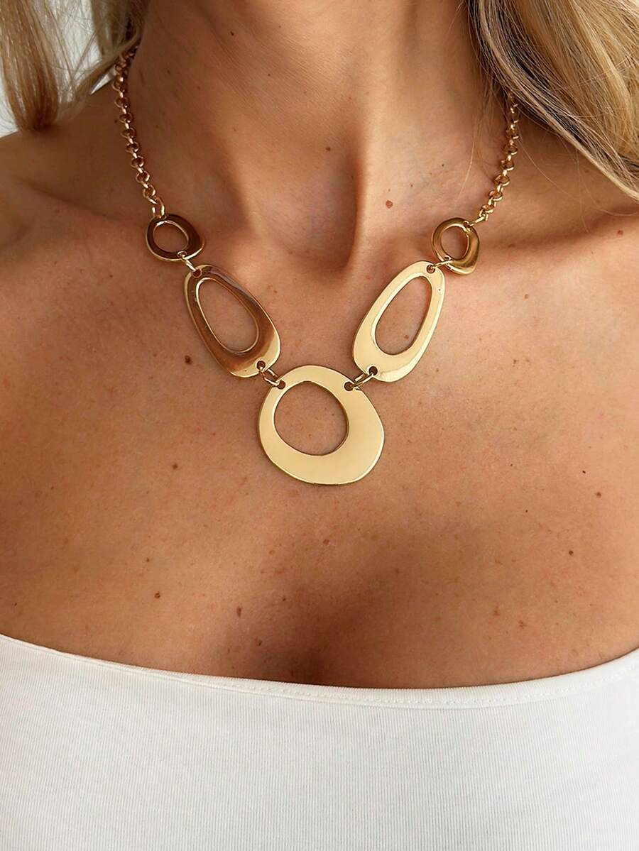1pc Vintage Geometric Hollow Oval Clavicle Chain, Suitable For Off-Shoulder, Work Outfits, Sweet & Cool Girl Vibe Accessory - Irregular O-shaped Necklace - View 1