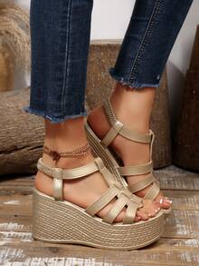 Women's Thick Sole Dark Color Fashion Sandals,Spring Summer Outfits - Gold - View 5