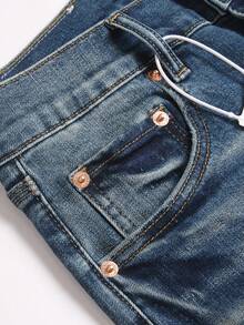 Vaqueros ajustados elásticos punk rock para hombres 2026 nueva llegada pantalones de mezclilla desgastados con bigotes de gato azul oscuro moda de streetwear ajustada - Azul - Ver 3