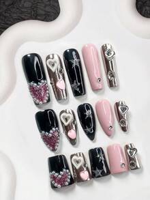 Bộ 10 móng tay nghệ thuật dễ thương và cá tính, móng giả acrylic, hình trái tim rỗng màu trắng, hình ngôi sao năm cánh bóng, hình trái tim 3D đáng yêu, phụ kiện móng tay đính đá tròn màu trắng, dụng cụ làm móng, móng giả thủ công. - Nhiều màu - Xem 1