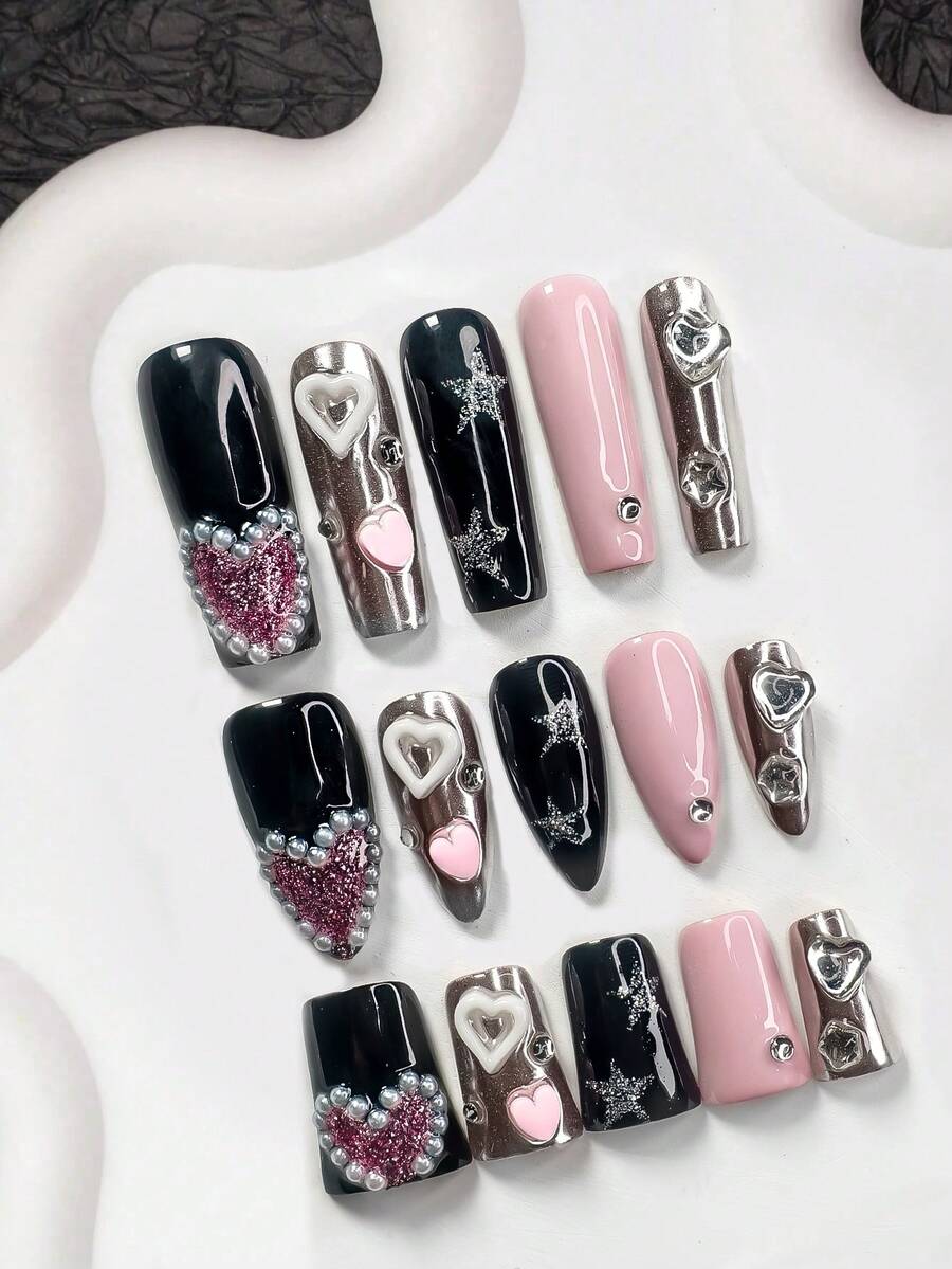 Bộ 10 móng tay nghệ thuật dễ thương và cá tính, móng giả acrylic, hình trái tim rỗng màu trắng, hình ngôi sao năm cánh bóng, hình trái tim 3D đáng yêu, phụ kiện móng tay đính đá tròn màu trắng, dụng cụ làm móng, móng giả thủ công. - Nhiều màu - Xem 1