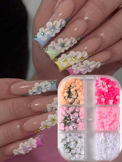 3D Acrylic Flower Nail Art Decorations, Mixed Flower Nail Pendant, Pearl & Caviar Bead Nail Art Jewelry, Nail Art Supplies For Women & Girls