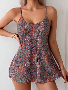 Boho Printed Sleeveless Knitted Tankini For Women Long Top With Spaghetti Straps And Bikini Style Bottoms - Multicolor - View 6