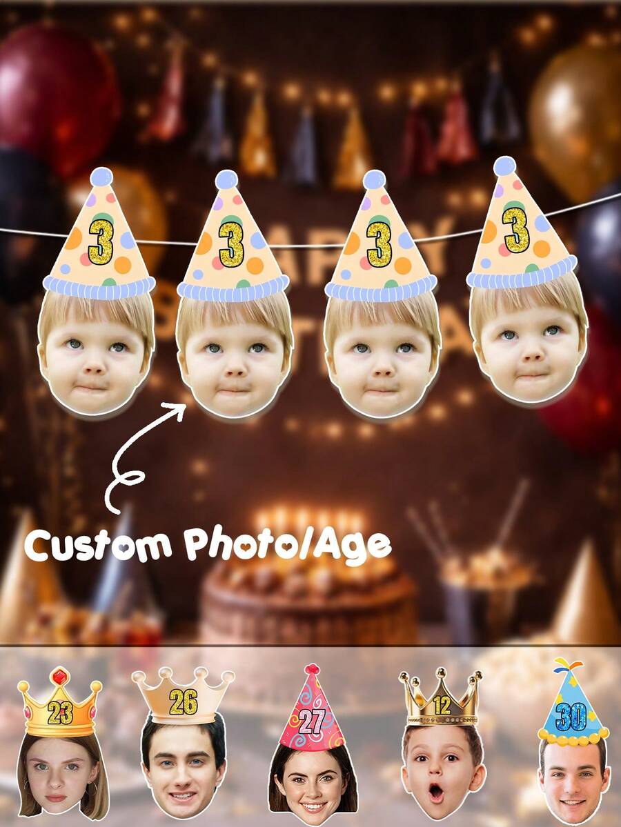 LICVIC 定制照片和年龄生日装饰，个性化生日帽装饰，定制生日快乐横幅，可定制图片横幅拉旗，生日礼物，派对旗帜，周年纪念，毕业庆祝，各种派对，男士，女士，朋友，客厅，卧室，装饰 - 風格A - 查看 1
