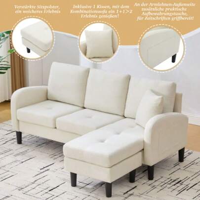 166 x 118 x 77 cm, L-formad Ecksofa mit Chaiselongue – 3-Sitzer Sofa, Atmungsaktiver Baumwoll-Leinenstoff, Kunststoffbeine, Modulares Design, Ideal für Wohnzimmer, Apartments and Büros