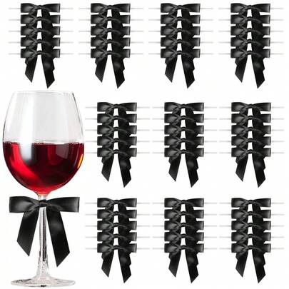 20pcs Black Satin Bow Decorations, Pre-Made Black Twist Bow Knots, For Wine Glass Decor, Gift Wrapping, Candy Bags, Party Favors, Wedding Decorations