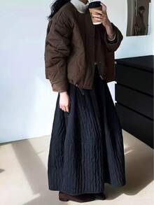 大码女式纯色弹力腰休闲沙滩裙 - 黑色 - 查看 5