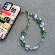 Beaded Phone Charm Y2K Kawaii Handmade Acrylic Phone Lanyard Wrist Strap For Camera Bag  Keychain Charm Blue Green Hexagonal Crystal Beads - 18顆藍綠色六角形水晶珠 - 查看 3