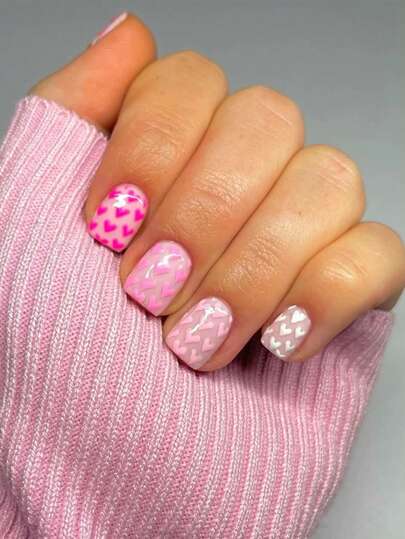 24pcs Cute Square Press On Fake Nails Pink Short Nail Colorful Love Fake Nails Valentine's Day Nails Nail Supplies