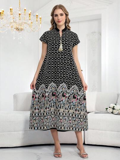2026 New Style Ramadan Traditional Elegant Dress, V-Neck, Short Sleeve, Embroidered, Beaded, Fringed, Colorful, Silver, Luxurious, Graceful