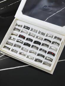 3/6/9/12/15/20 件时尚不锈钢深色风格男士戒指套装，包含铜币、蝙蝠、罗马数字、音符、星星和月亮、扭曲元素，适合日常佩戴、节日、订婚、婚礼、万圣节，款式和尺寸随机 - 黑色 - 查看 8