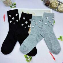 1/2/3/4 Pairs Women Solid Color Rhinestone Decorated Mid-Calf Socks, Sparkling Rhinestone Decorated Socks - Comfortable, Fashionable, Soft, Stretchy, Suitable For All Seasons, Perfect For Women's Daily Wear, Dates, Parties, And An Ideal Gift For Women, Christmas, Valentine's Day, Mother's Day - Multicolor - View 10