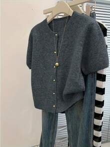 Women's Solid Color Short Sleeve Button Front Knit Cardigan, Everyday Wear For All Seasons - Grey - View 5