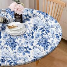 Round Tablecloth Fitted Elastic Edge Patio Table Covers Wrinkle Resistant Polyester Table Cloth For Picnic Camping Indoor And Outdoor,Blue Flowers Retro 45\-56\,56inch(Round),Blue/White - 藍色/白色 - 查看 1