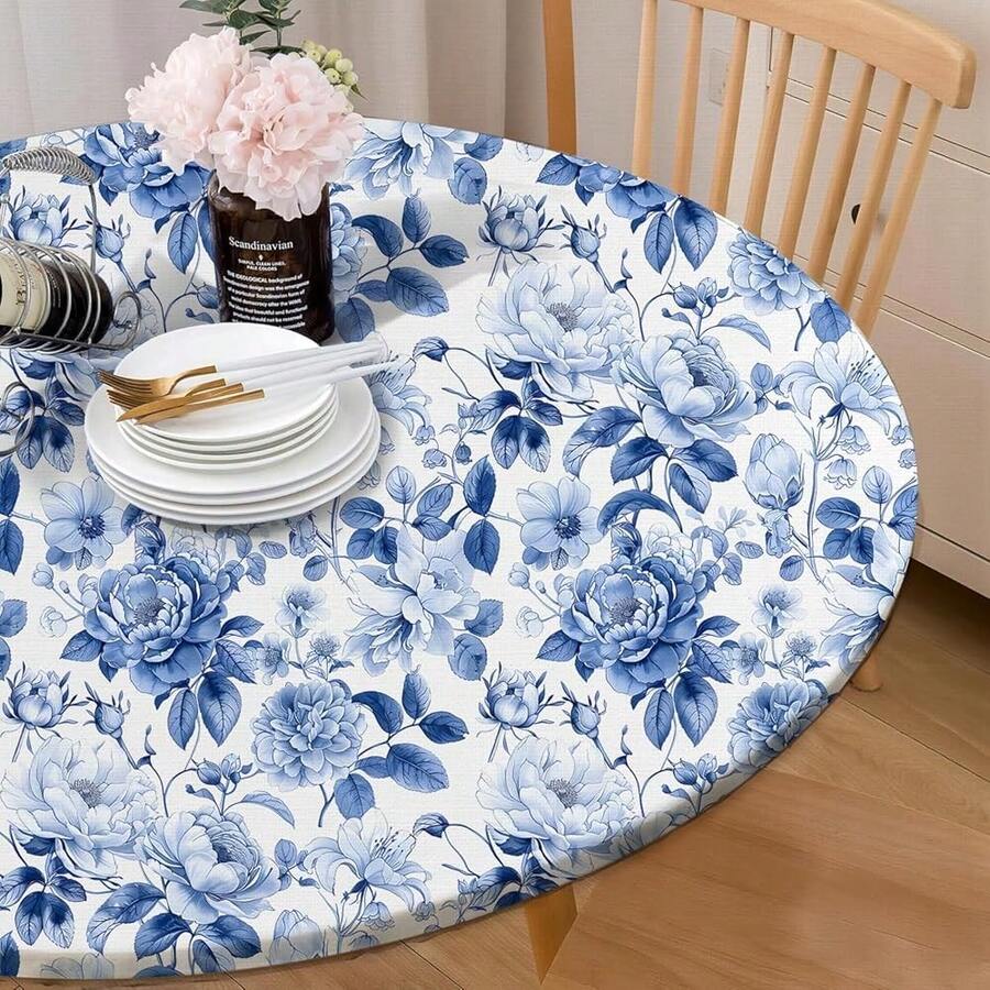 Round Tablecloth Fitted Elastic Edge Patio Table Covers Wrinkle Resistant Polyester Table Cloth For Picnic Camping Indoor And Outdoor,Blue Flowers Retro 45\-56\,56inch(Round),Blue/White - 藍色/白色 - 查看 1