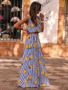 Bộ đồ ZIMO gồm áo không tay và chân váy maxi xẻ tà cạp chun kiểu Bohemian in họa tiết chanh, cổ tròn, chất liệu vải dệt in sọc chanh, trang phục thường ngày cho kỳ nghỉ hè. - Màu xanh lam - Xem 6